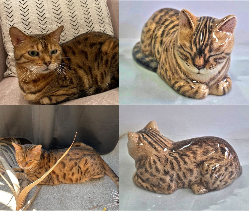 Comparison of a real cat and its ceramic replica on a white background