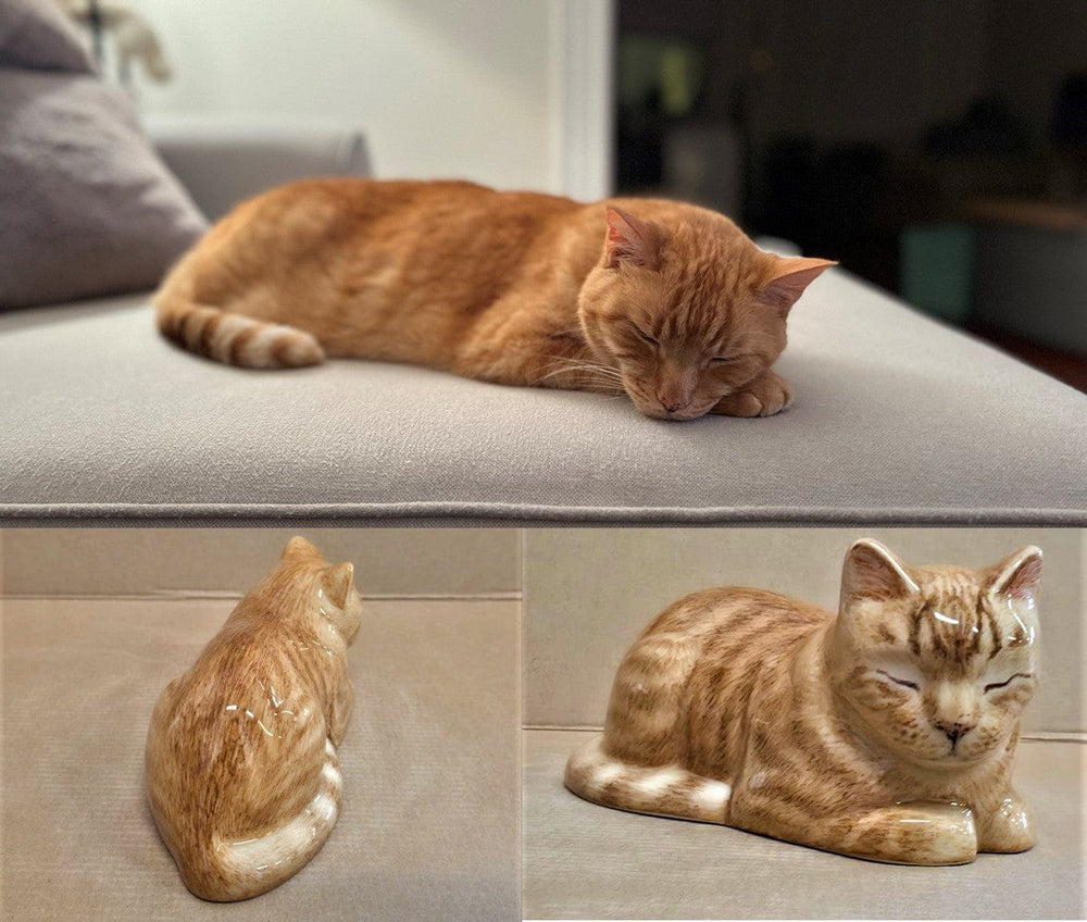 Comparison of a real cat and its ceramic urn replica by Pulvis Art Urns . Custom Decorated pet Urns