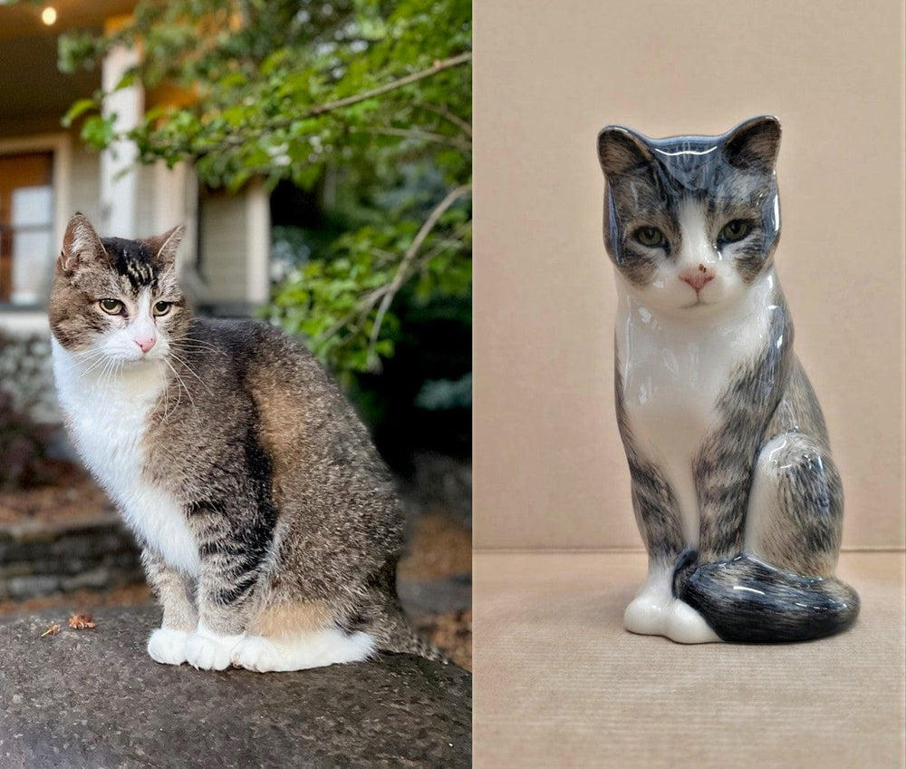 Comparison of a real cat and its ceramic urn replica by Pulvis Art Urns . Custom Decorated pet Urns